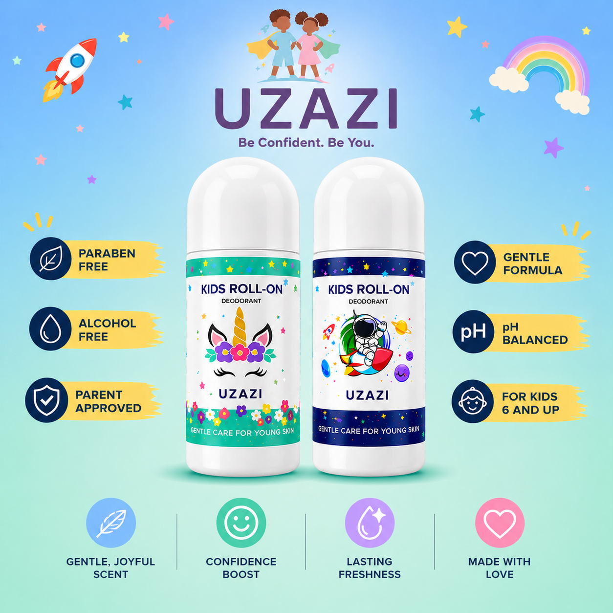UZAZI Kids Roll-On Deodorant | Gentle & Safe for Kids' Sensitive Skin, 50ml