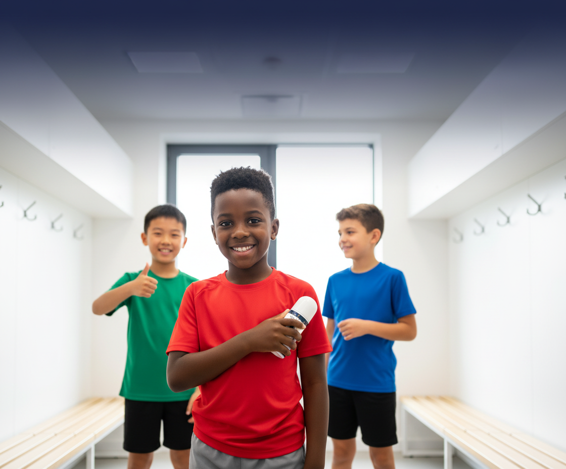 Banner with confident boys and space for navy blue text