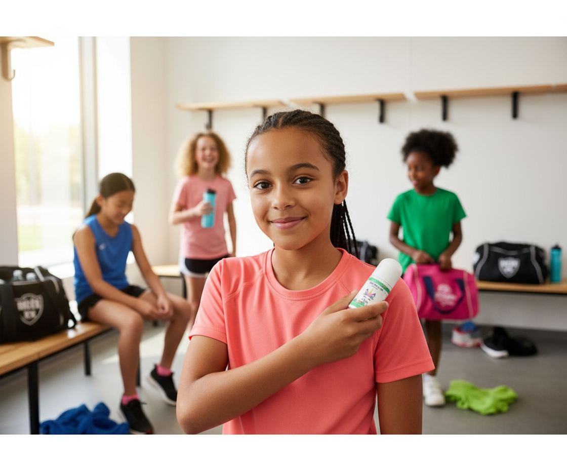 Hyper-realistic banner of girls using UZAZI deodorant in change room